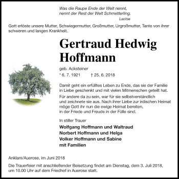 Traueranzeige von Gertraud Hedwig Hoffmann von Vorpommern Kurier