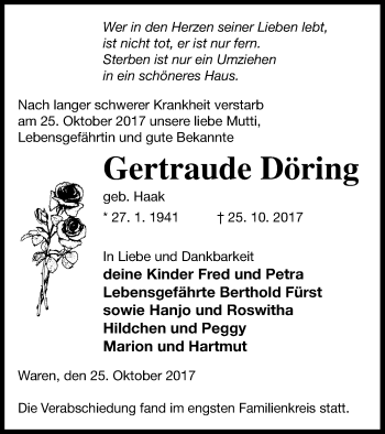 Traueranzeige von Gertraude Döring von Müritz-Zeitung