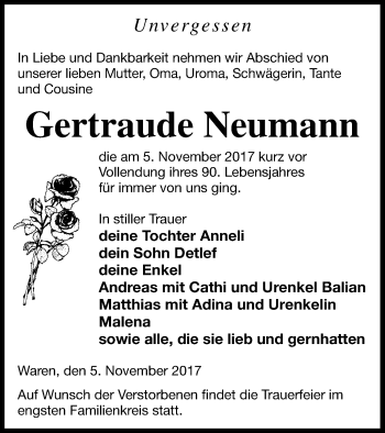 Traueranzeige von Gertraude Neumann von Müritz-Zeitung