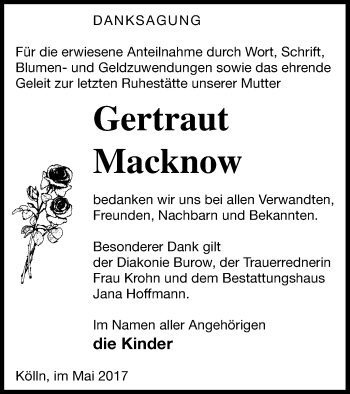 Traueranzeige von Gertraut Macknow von Neubrandenburger Zeitung