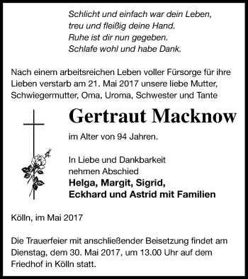 Traueranzeige von Gertraut Macknow von Neubrandenburger Zeitung