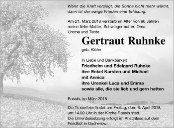 Traueranzeige von Gertraut Ruhnke von Vorpommern Kurier