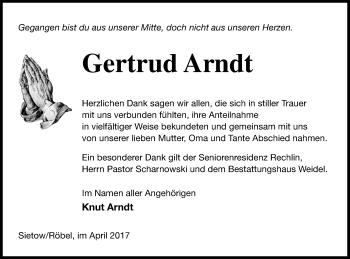 Traueranzeige von Gertrud Arndt von Müritz-Zeitung