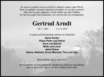 Traueranzeige von Gertrud Arndt von Müritz-Zeitung