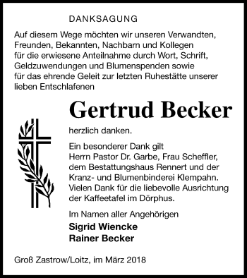 Traueranzeige von Gertrud Becker von Vorpommern Kurier