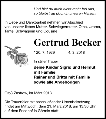 Traueranzeige von Gertrud Becker von Vorpommern Kurier