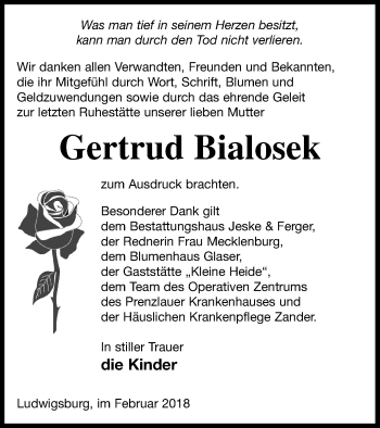 Traueranzeige von Gertrud Bialosek von Prenzlauer Zeitung