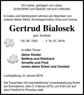 Traueranzeige von Gertrud Bialosek von Prenzlauer Zeitung