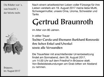 Traueranzeige von Gertrud Braunroth von Prenzlauer Zeitung