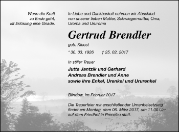 Traueranzeige von Gertrud Brendler von Prenzlauer Zeitung