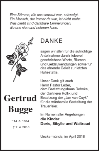 Traueranzeige von Gertrud Bugge von Haff-Zeitung