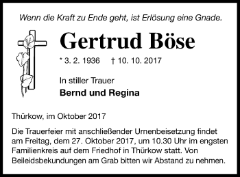 Traueranzeige von Gertrud Böse von Mecklenburger Schweiz