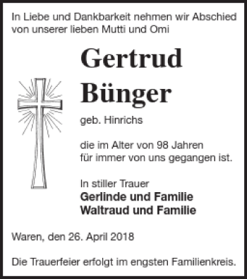Traueranzeige von Gertrud Bünger von Müritz-Zeitung