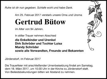 Traueranzeige von Gertrud Bütow von Mecklenburger Schweiz