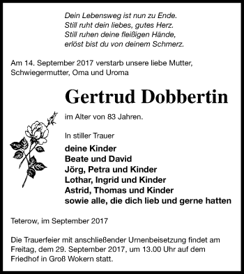 Traueranzeige von Gertrud Dobbertin von Mecklenburger Schweiz