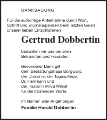 Traueranzeige von Gertrud Dobbertin von Mecklenburger Schweiz