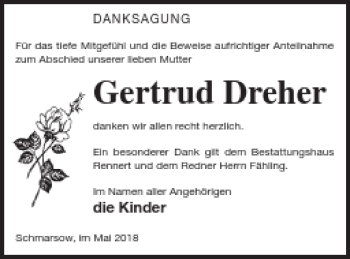 Traueranzeige von Gertrud Dreher von Vorpommern Kurier