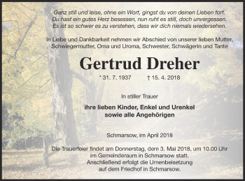 Traueranzeige von Gertrud Dreher von Vorpommern Kurier