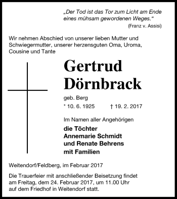 Traueranzeige von Gertrud Dörnbrack von Neubrandenburger Zeitung