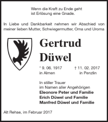 Traueranzeige von Gertrud Düwel von Müritz-Zeitung