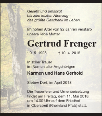 Traueranzeige von Gertrud Frenger von Müritz-Zeitung