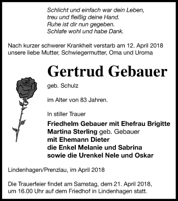 Traueranzeige von Gertrud Gebauer von Prenzlauer Zeitung