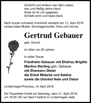 Traueranzeige von Gertrud Gebauer von Prenzlauer Zeitung