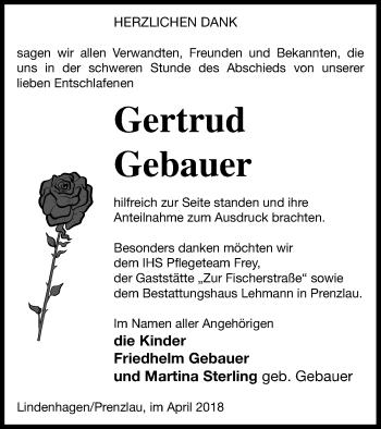 Traueranzeige von Gertrud Gebauer von Prenzlauer Zeitung