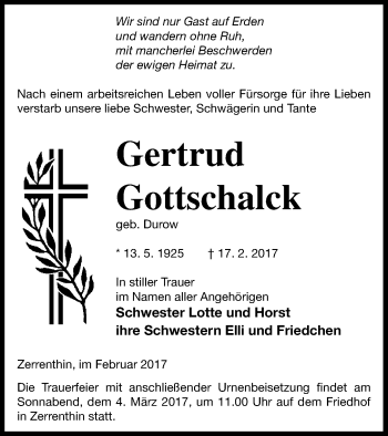 Traueranzeige von Gertrud Gottschalck von Pasewalker Zeitung