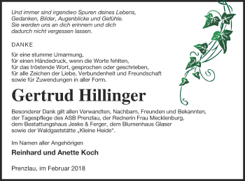 Traueranzeige von Gertrud Hillinger von Prenzlauer Zeitung