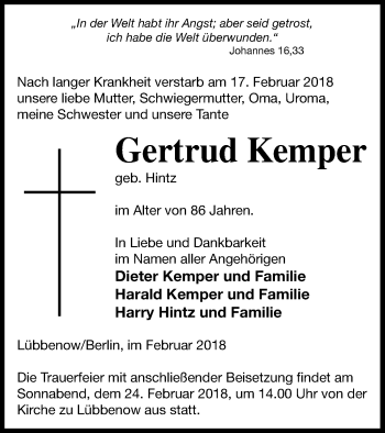 Traueranzeige von Gertrud Kemper von Pasewalker Zeitung