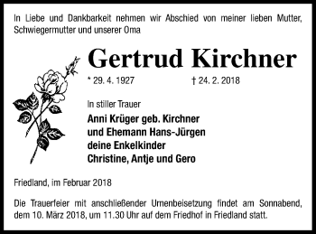 Traueranzeige von Gertrud Kirchner von Neubrandenburger Zeitung