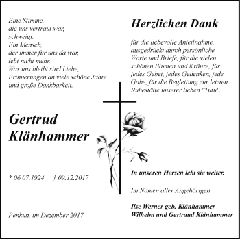 Traueranzeige von Gertrud Klänhammer von Pasewalker Zeitung