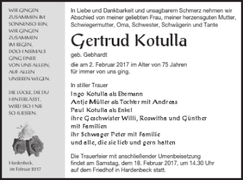 Traueranzeige von Gertrud Kotulla von Templiner Zeitung