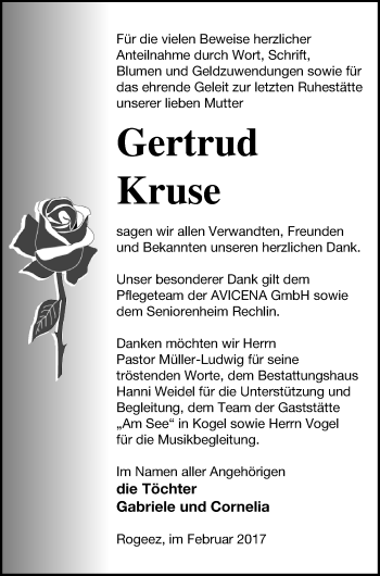 Traueranzeige von Gertrud Kruse von Müritz-Zeitung