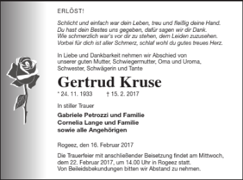 Traueranzeige von Gertrud Kruse von Müritz-Zeitung