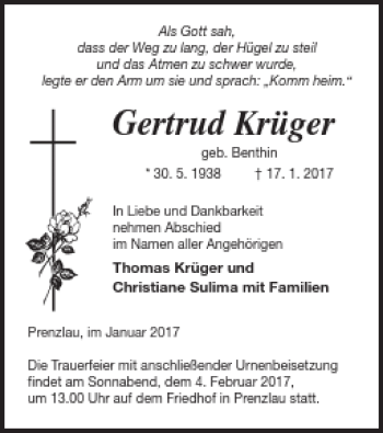 Traueranzeige von Gertrud Krüger von Prenzlauer Zeitung