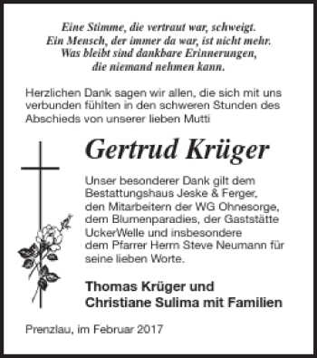 Traueranzeige von Gertrud Krüger von Prenzlauer Zeitung