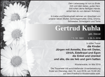 Traueranzeige von Gertrud Kuhla von Templiner Zeitung