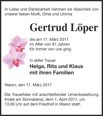 Traueranzeige von Gertrud Löper von Müritz-Zeitung