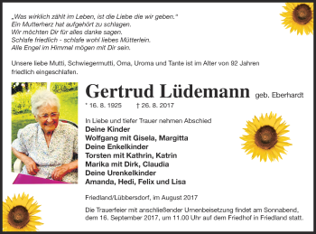 Traueranzeige von Gertrud Lüdemann von Neubrandenburger Zeitung