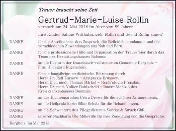 Traueranzeige von Gertrud-Marie-Luise Rollin von Pasewalker Zeitung