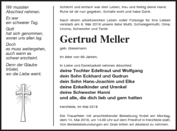 Traueranzeige von Gertrud Meller von Templiner Zeitung