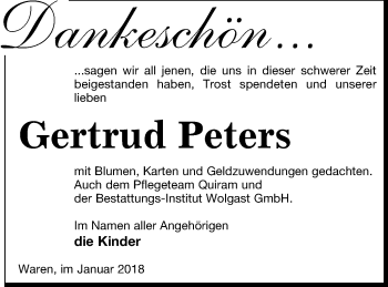 Traueranzeige von Gertrud Peters von Neubrandenburger Zeitung