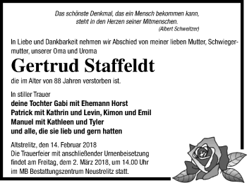 Traueranzeige von Gertrud Staffeldt von Strelitzer Zeitung