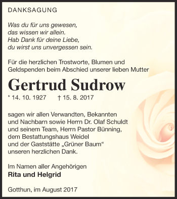 Traueranzeige von Gertrud Sudrow von Müritz-Zeitung