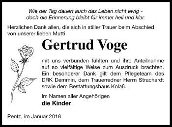 Traueranzeige von Gertrud Voge von Demminer Zeitung