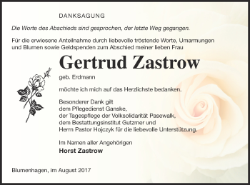 Traueranzeige von Gertrud Zastrow von Pasewalker Zeitung