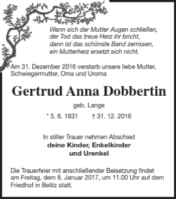 Traueranzeige von Gertrud Anna Dobbertin von Mecklenburger Schweiz