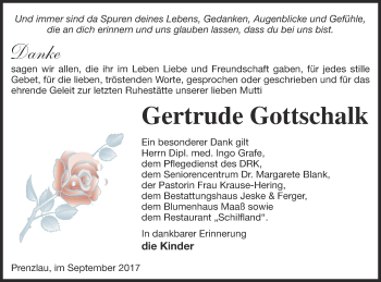 Traueranzeige von Gertrude Gottschalk von Prenzlauer Zeitung